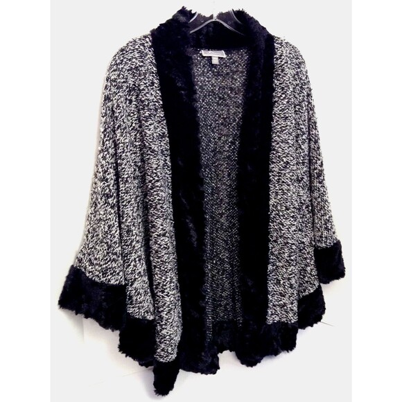 Penny Lane Faux Fur Sweater Cardigan Wn S/M Black White Langenlook Artisan Boho - Picture 2 of 12